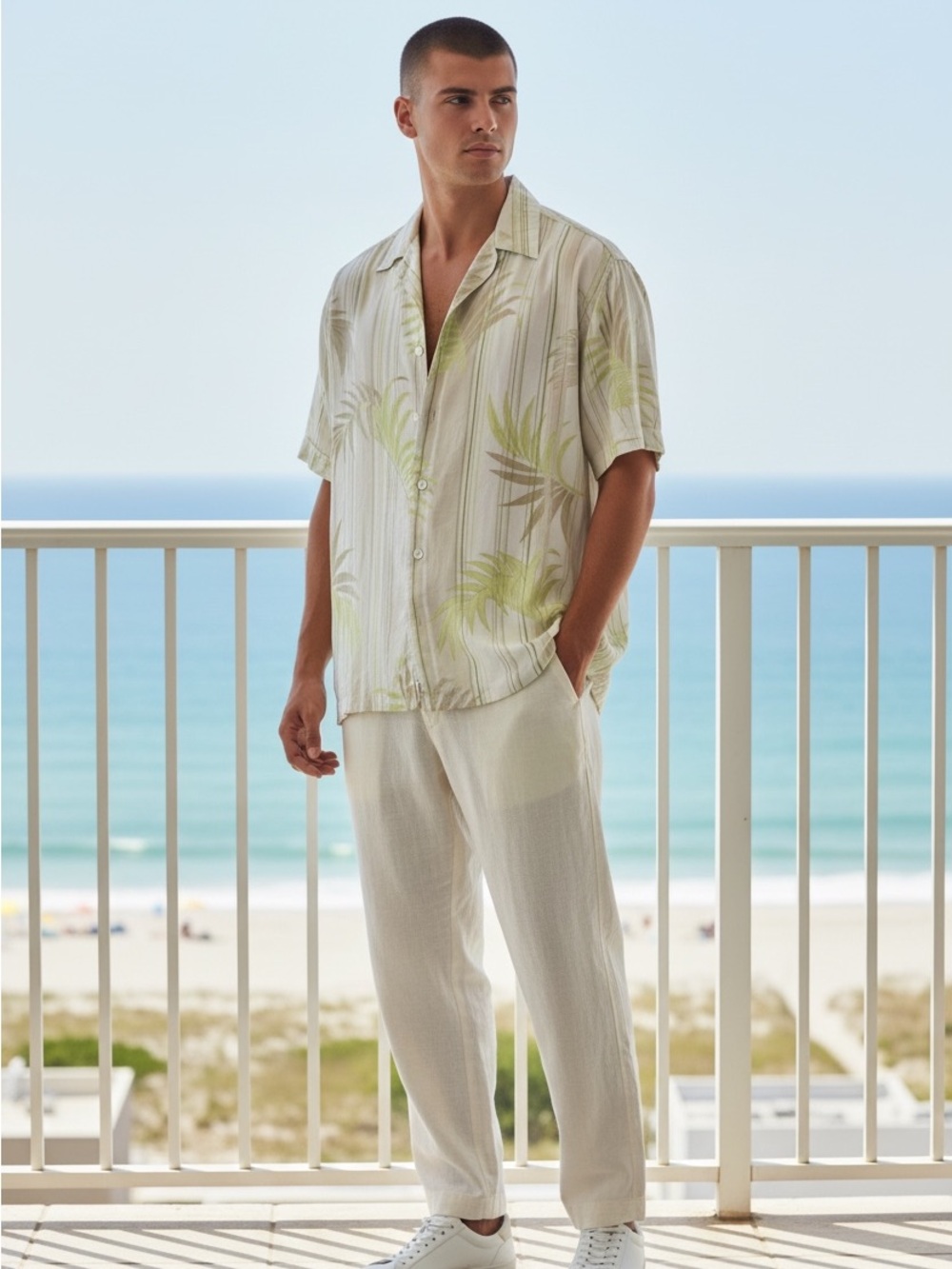 Cubavera Linen Short Sleeve Button Up Shirt with Light Green Palm Print